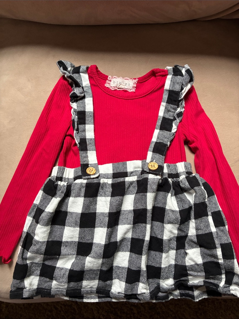 Black & White Gingham Suspender with red shirt Skirt for Kids - Classic Casual